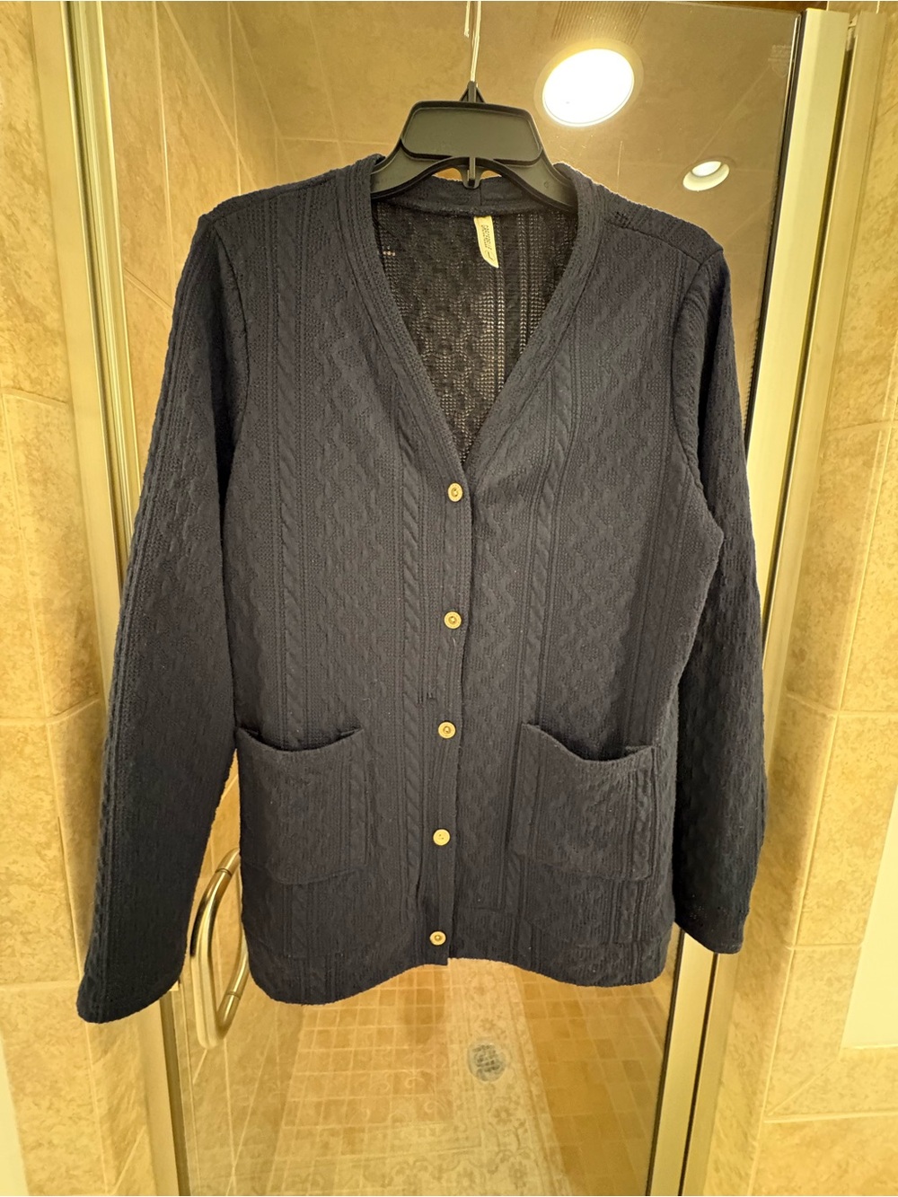 Navy Cable-Knit Button-Front Cardigan with Pockets